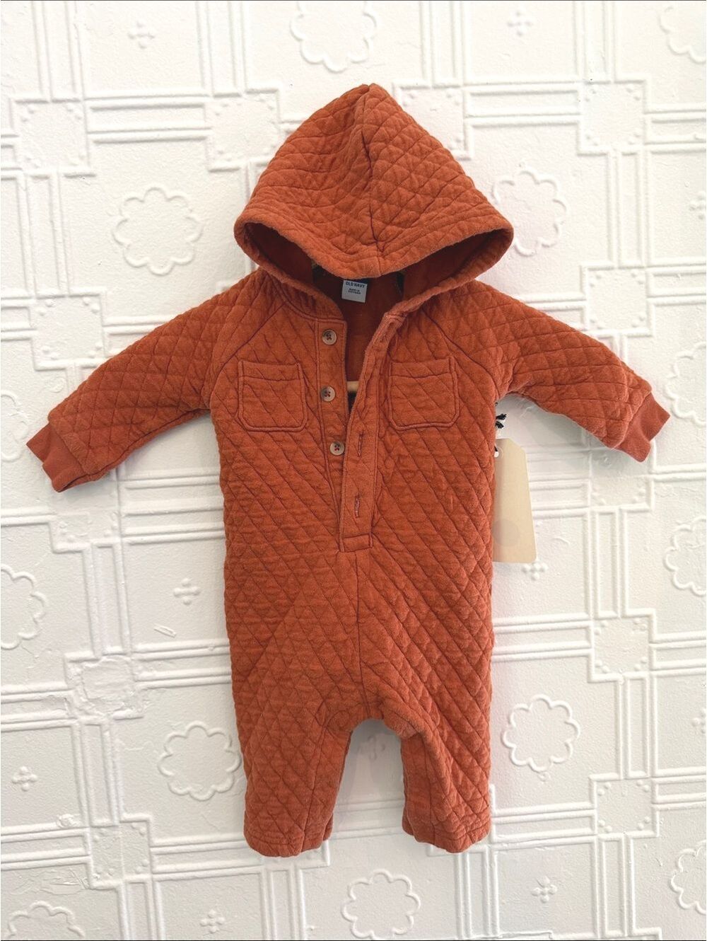 Old Navy Quilted Hooded One-Piece Jumpsuit Rust Orange 3-6M